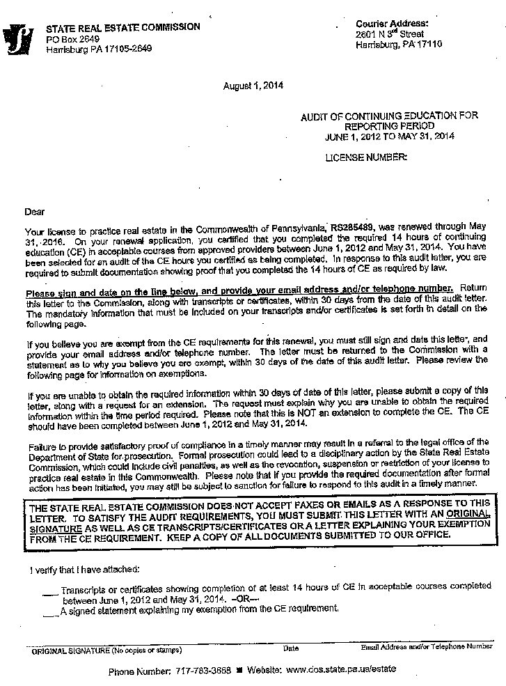 A copy of the state Real Estate Commission audit letter